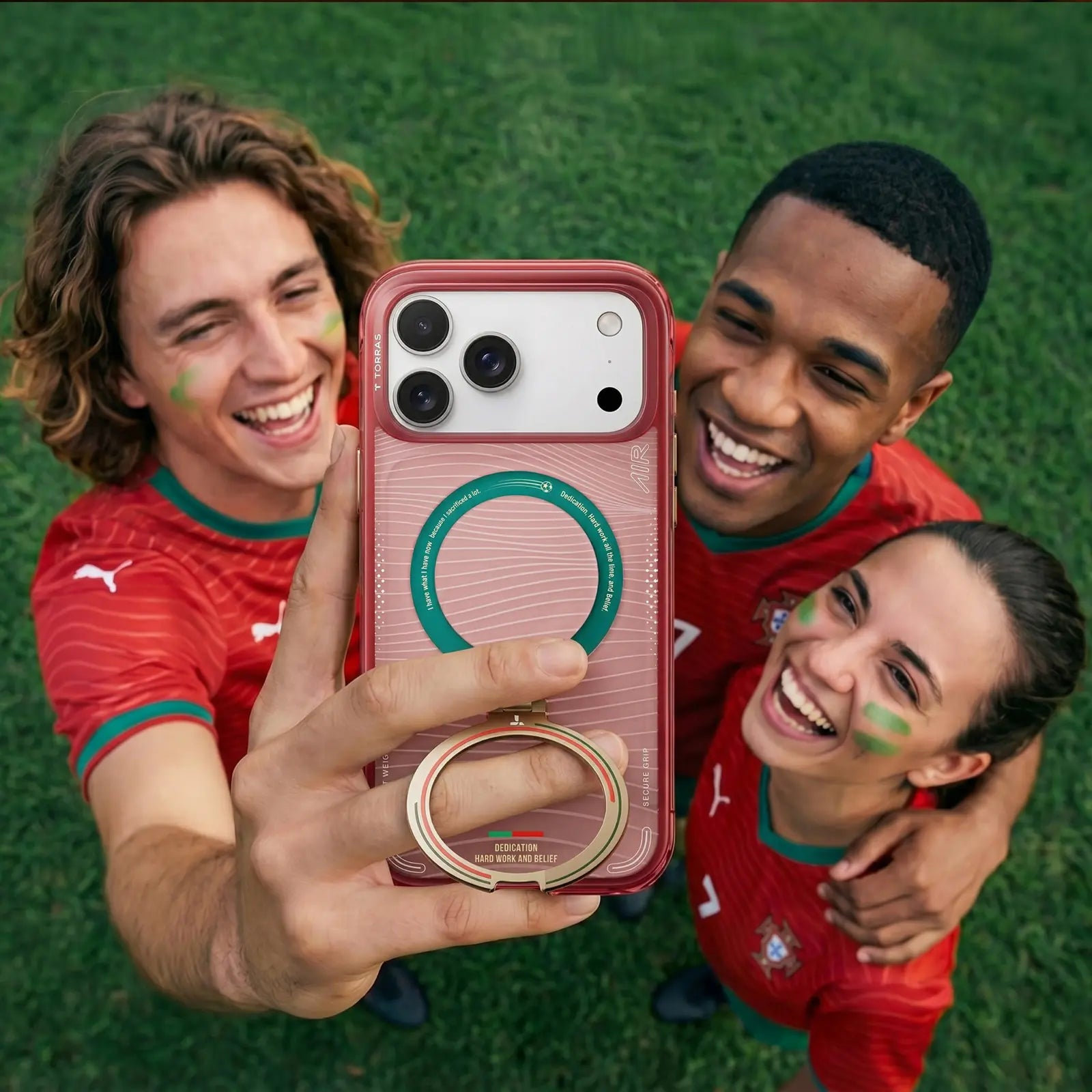 TORRAS limited phone case during a selfie