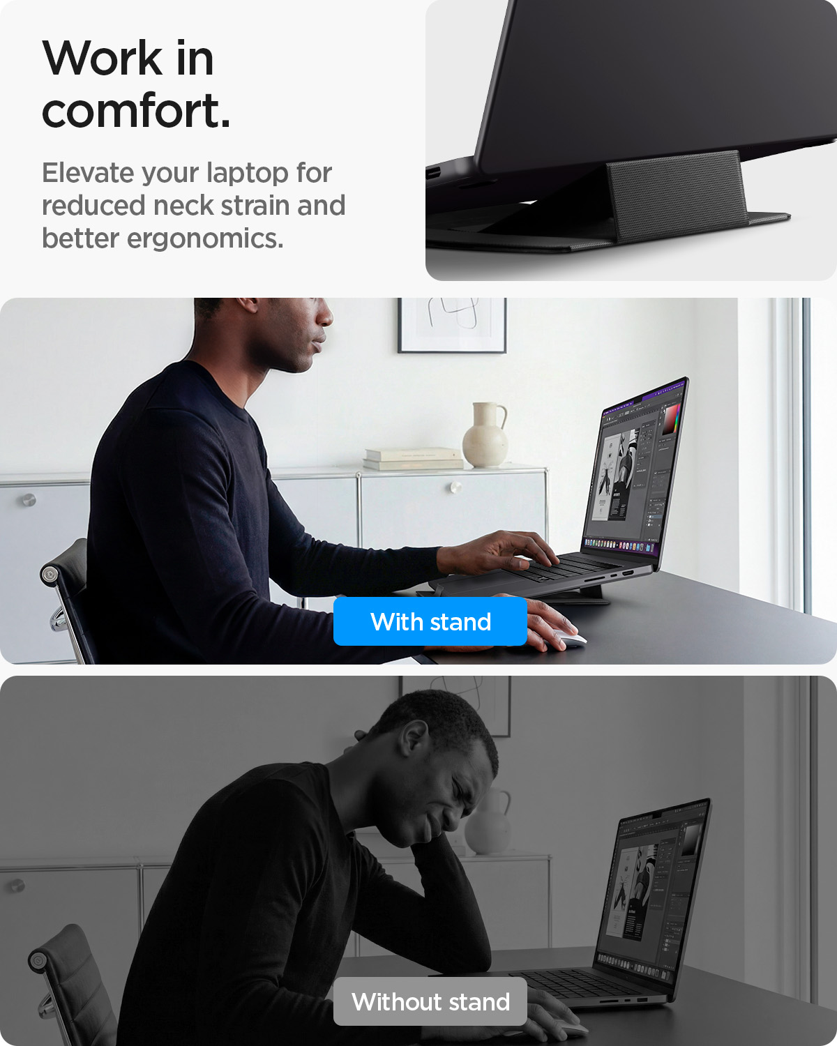 Spigen Slim Fold laptop stand in an ergonomic working position
