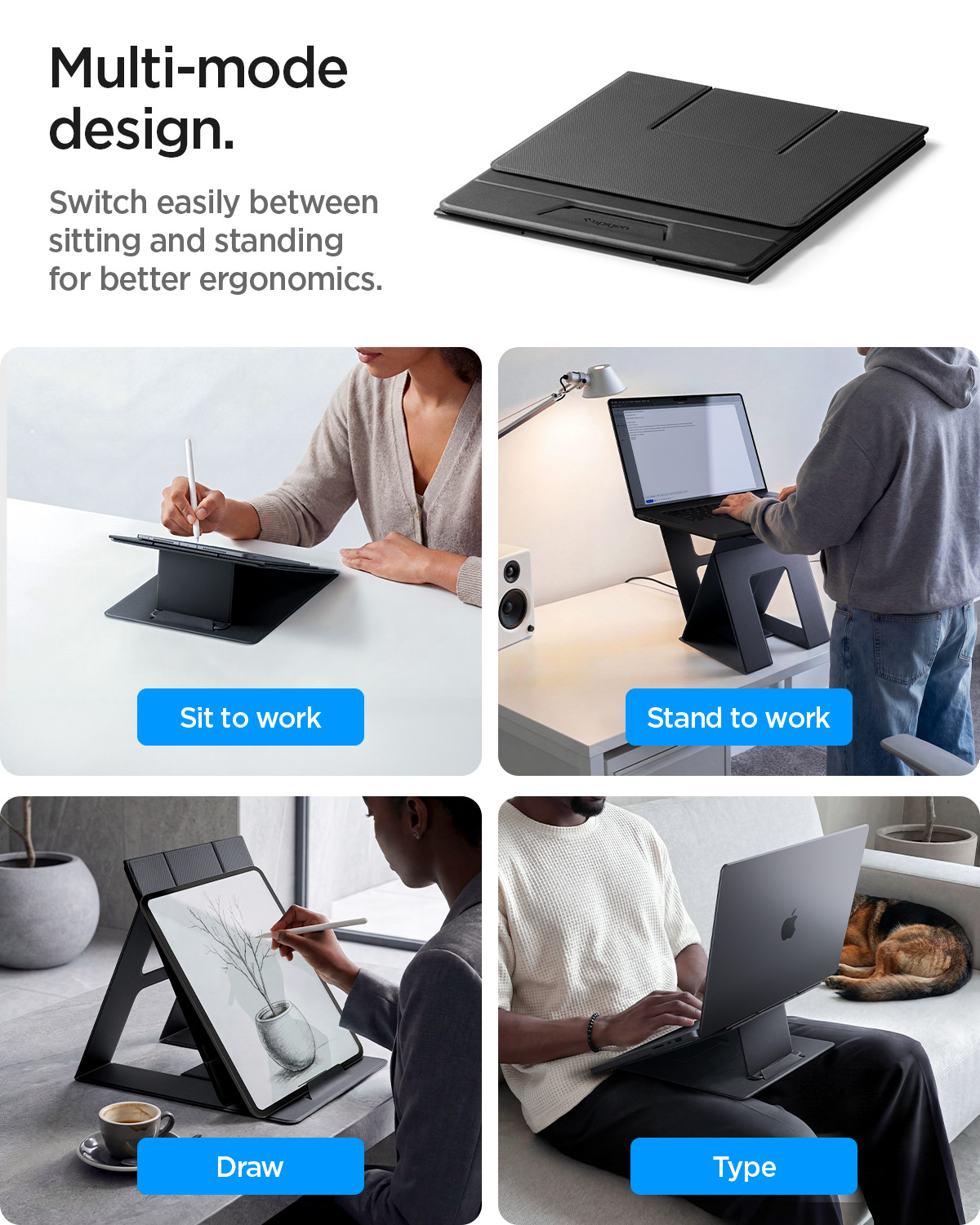 Spigen Slim Fold Non Adhesive Laptop Stand in different usage modes