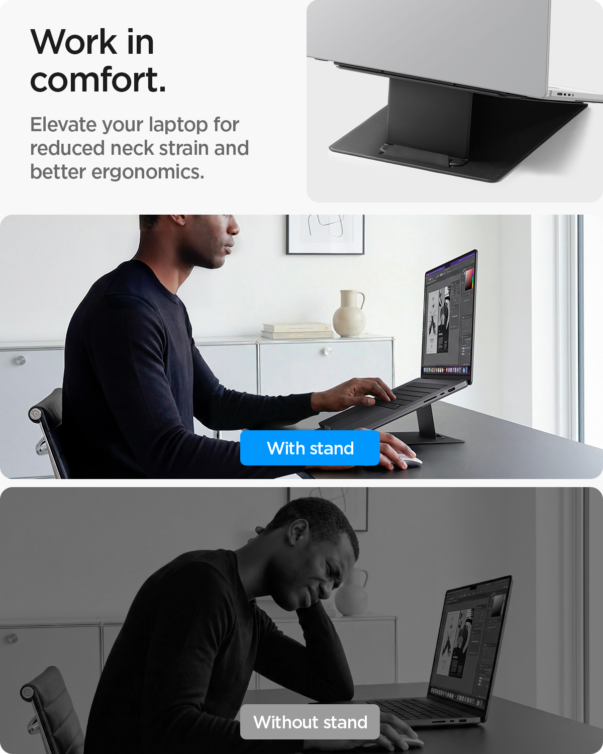 Spigen Slim Fold Non Adhesive Laptop Stand in a raised working position