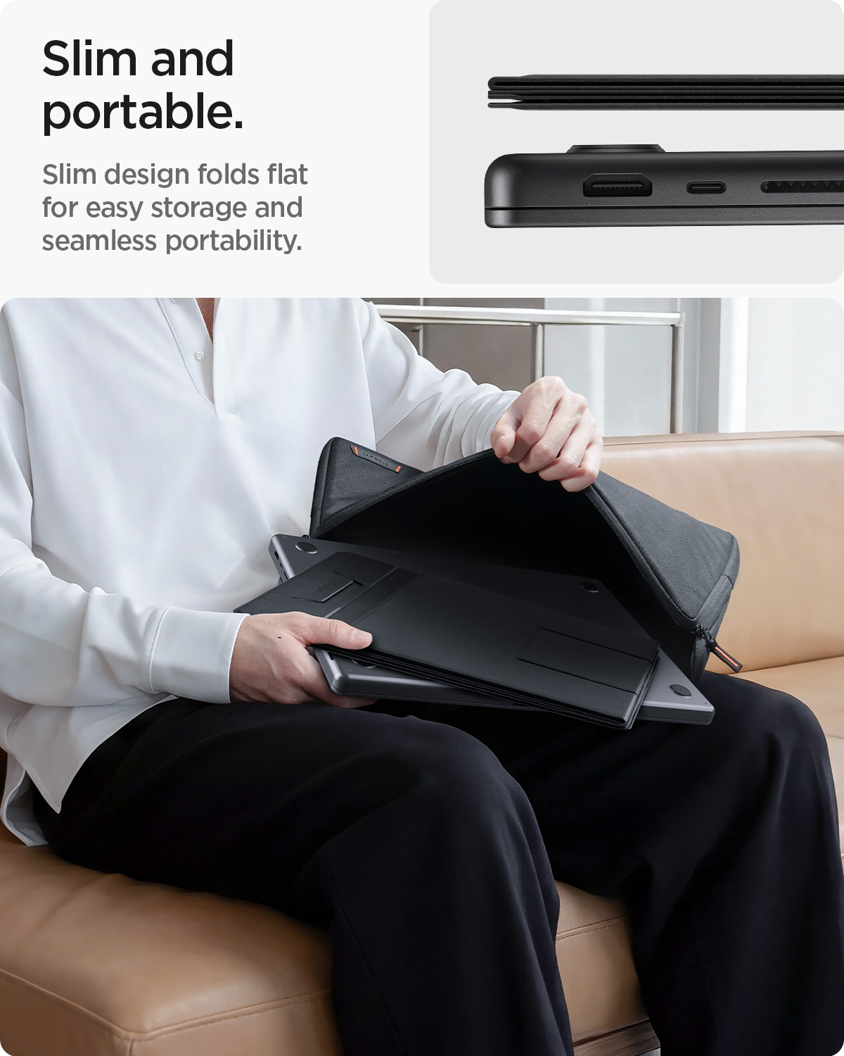 Spigen Slim Fold Non Adhesive Laptop Stand folded flat for easy carrying