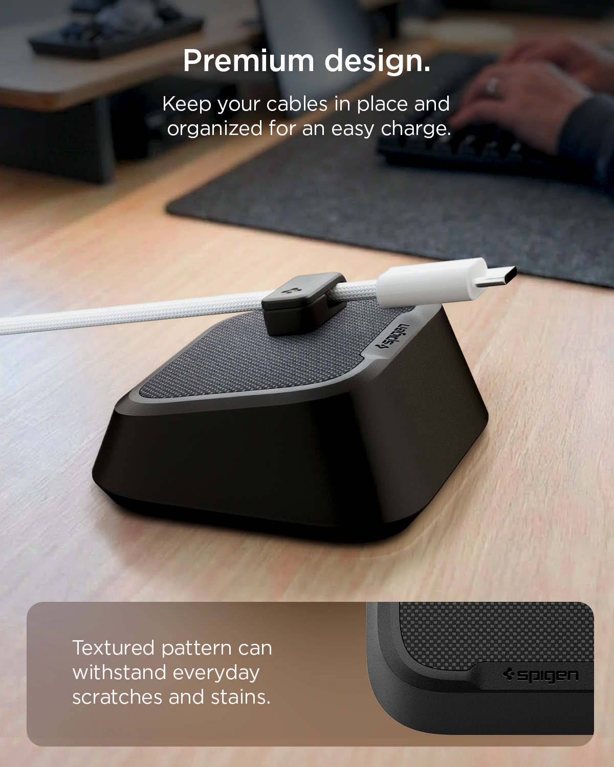 Texturovaný povrch držáku kabelů Spigen LD103