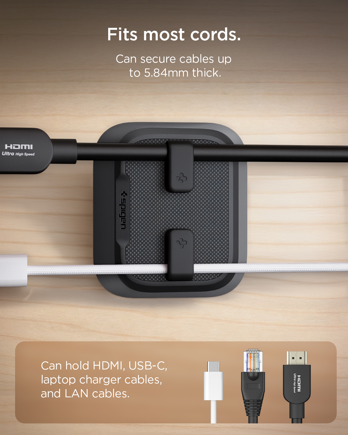 Kompatibilita držáku kabelů Spigen LD103 s různými typy kabelů
