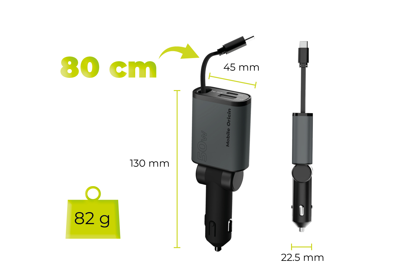Incarcator auto 3in1 Mobile Origin CA27, 1xUSB-A, 1xUSB-C, 1x Cablu USB-C retractabil, 50W, 3A, Gri 6 Lerato.ro