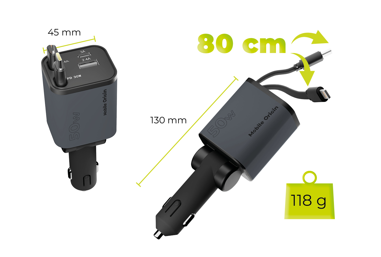 Incarcator auto 4in1 Mobile Origin CA28, 1xUSB-A, 1xUSB-C, 1x Cablu USB-C, 1x Cablu Lightning, 50W, 3A, Gri 4 Lerato.ro