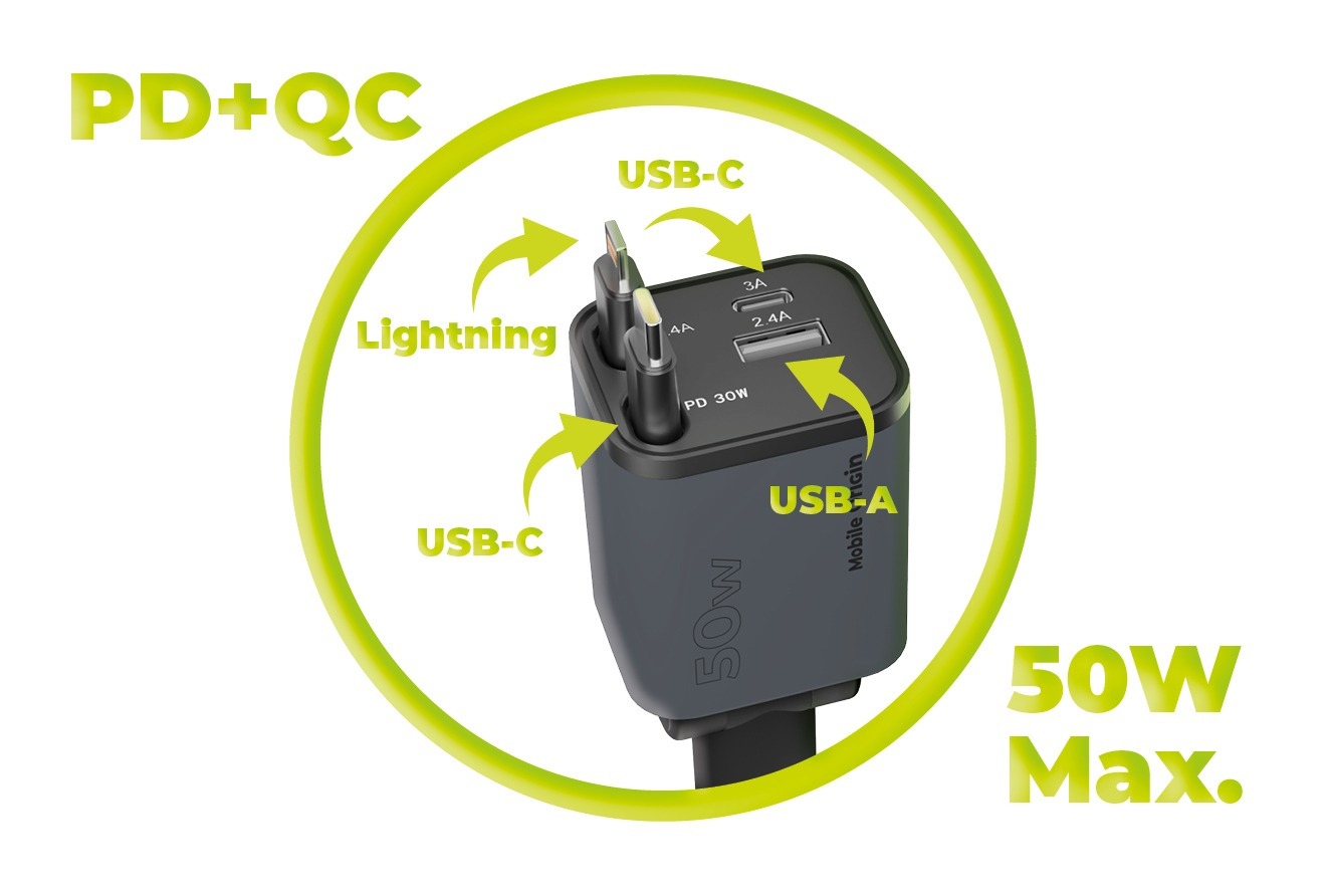 Incarcator auto 4in1 Mobile Origin CA28, 1xUSB-A, 1xUSB-C, 1x Cablu USB-C, 1x Cablu Lightning, 50W, 3A, Gri 3 Lerato.ro