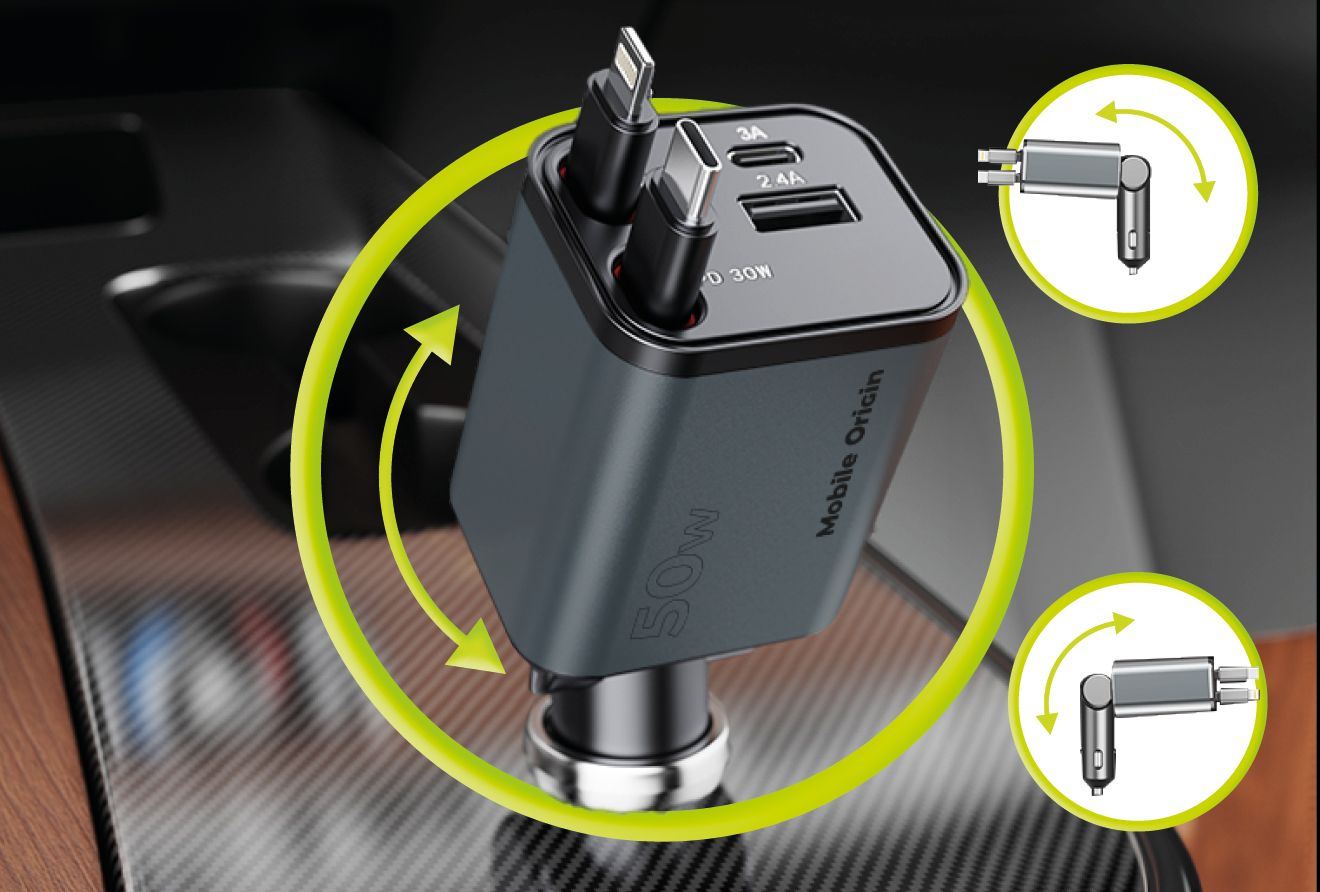 Incarcator auto 4in1 Mobile Origin CA28, 1xUSB-A, 1xUSB-C, 1x Cablu USB-C, 1x Cablu Lightning, 50W, 3A, Gri 2 Lerato.ro