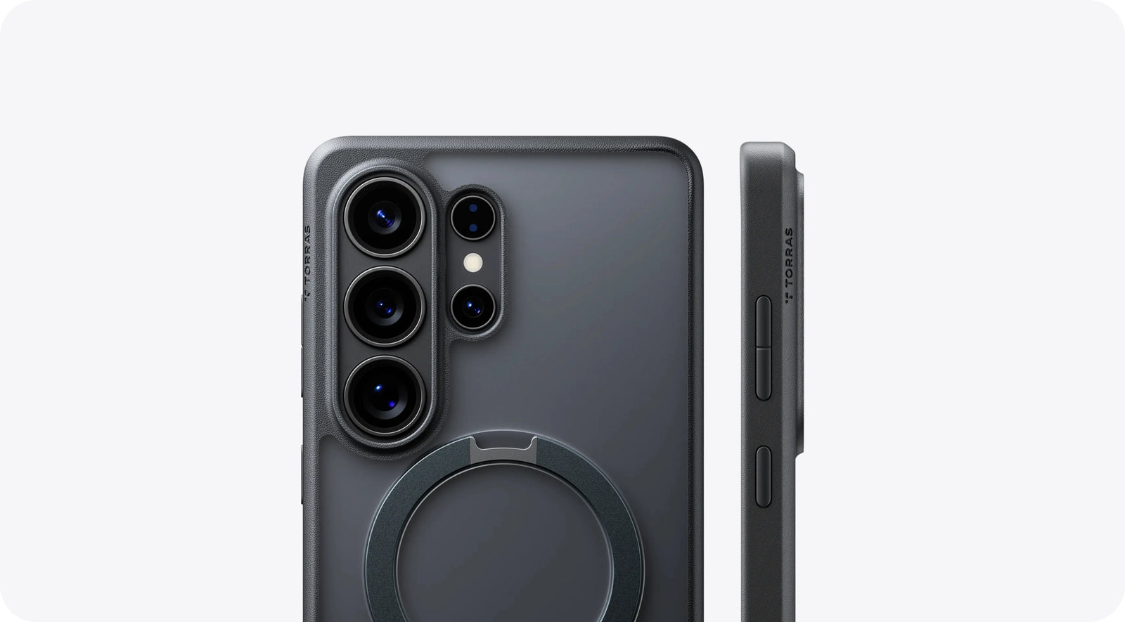 side detail of the TORRAS case with buttons and textured frame